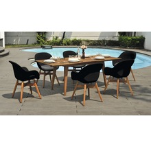 Tuinzitgroep met houten tafel en zes stoelen bij het zwembad