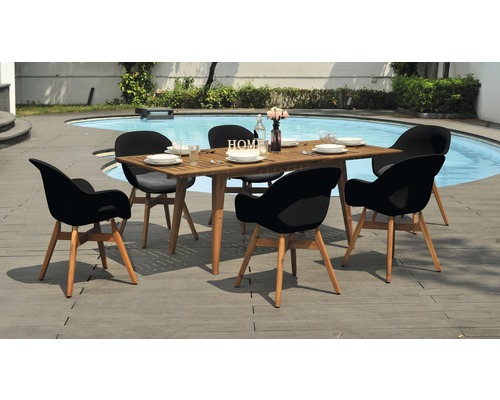 Tuinzitgroep met houten tafel en zes stoelen bij het zwembad