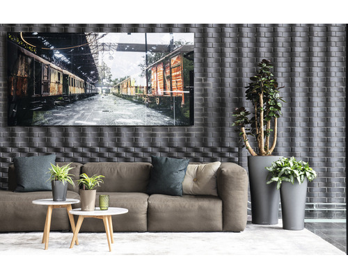 Woonkamer met bank, salontafels, potplanten en een ingelijste foto van treinwagons