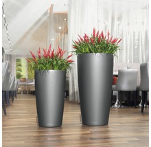 Twee hoge plantenbakken met planten op een houten vloer.