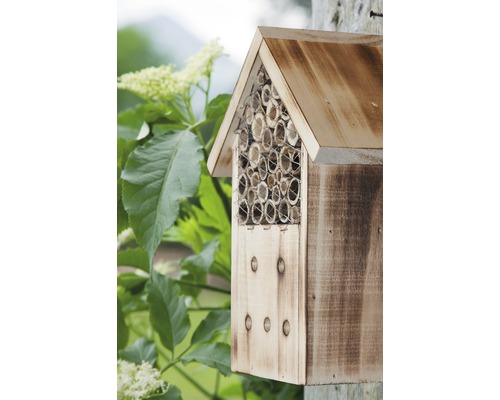 Houten insectenhotel met nestbuizen