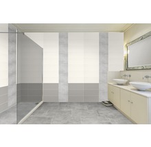 Moderne badkamer met douche, wastafels en tegels