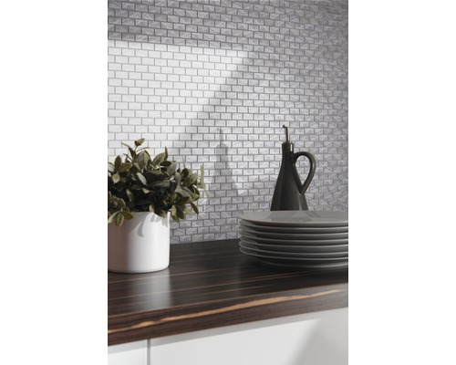 Keukenscène met tegels in baksteenlook, plant, borden en oliekan op een donker aanrecht.