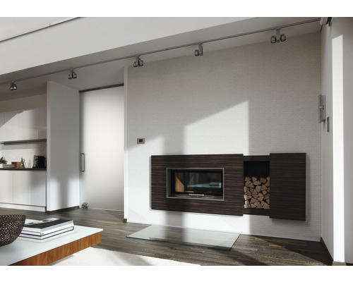 Moderne woonkamer met open haard, houtopslag en schuifdeur