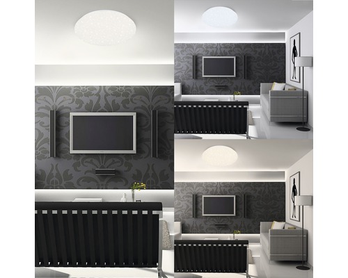 Moderne woonkamer met plafondlamp, tv-wand en bank.