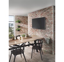Eetkamer met bakstenen muur, eettafel en televisie