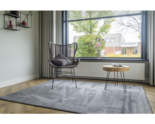 Woonkamer met grijs tapijt, rotan stoel en houten tafel
