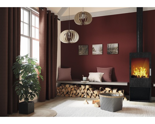 Woonkamer met open haard, brandhout, gordijnen en kamerplant