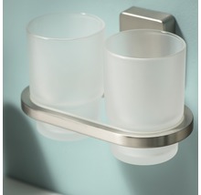 Dubbele tandenborstelbekerhouder van metaal en glas voor wandmontage
