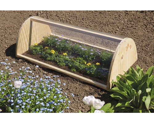 Houten en kunststof kweekbak met planten in de tuin.