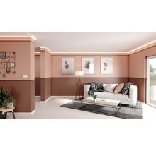 Woonkamer met sierlijsten en LED-verlichting aan het plafond, gecombineerd met een modern interieur.