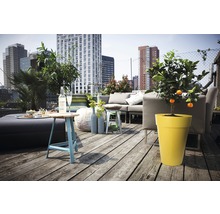 Terras met zithoek, tafel en potplanten voor flatgebouw