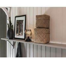Decoratieve scène met plant, foto, lamp en twee manden op een plank