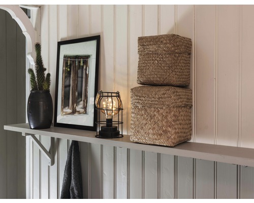 Decoratieve scène met plant, foto, lamp en twee manden op een plank