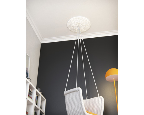Interieurfoto van een kamer met plafondrozet, ophangsysteem en hanghol.