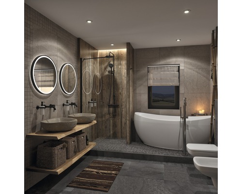 Badkamer met douche, bad, wastafel, spiegels en toilet in een helder ontwerp.