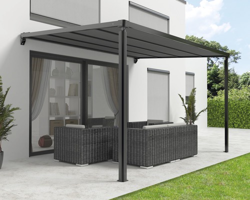 Pergola-zonnescherm 3,94x3,94 stof uni antraciet, frame RAL 9011 grafietzwart incl. motor, afstandsbediening en LED-verlichting