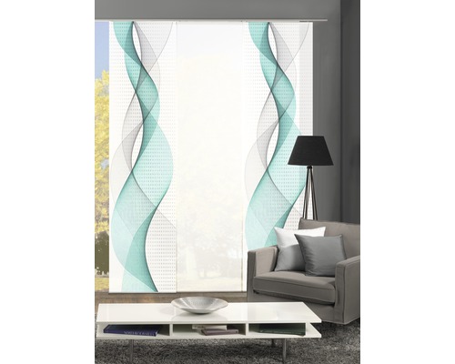 Decoratief schuifgordijn met abstract golfpatroon in de woonkamer