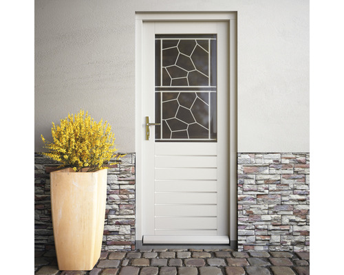 Witte buitendeur met glazen inzetstuk en sierplant