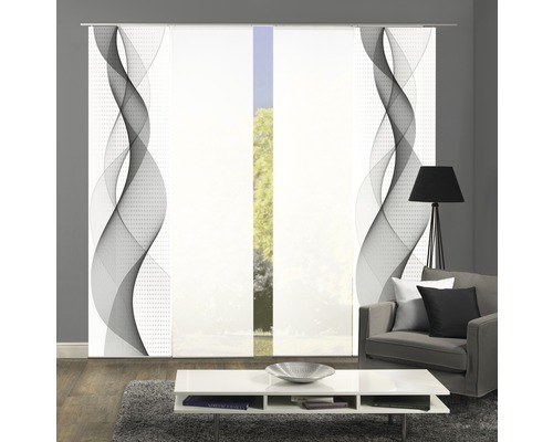 Decoratief schuifgordijn met abstract golfpatroon in de woonkamer