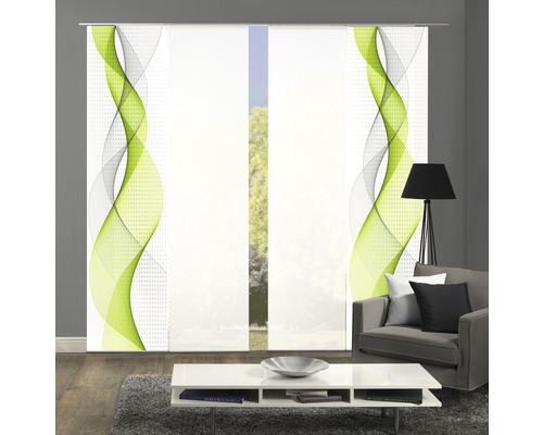 Kamerimpressie met schuifgordijn met groen golfpatroon