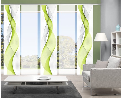 Kamerscène met schuifgordijnen met golfpatroon in groen en grijs