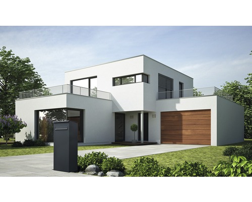 Modern huis met plat dak, garage en brievenbus