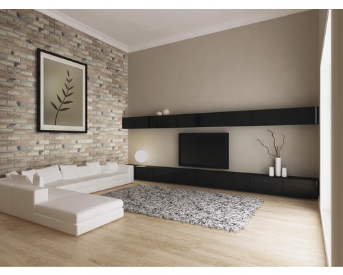 Woonkamer met bank, vloerkleed, tv en wandplank