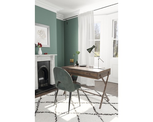 Een werkkamer met bureau, stoel en wit tapijt