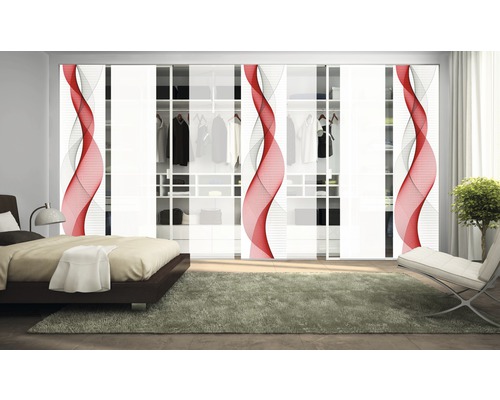 Slaapkamer met schuifdeurkast en abstracte decoratieve elementen