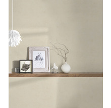 Woonkamer met muurverf, gedecoreerd met planken, afbeeldingen en woonaccessoires