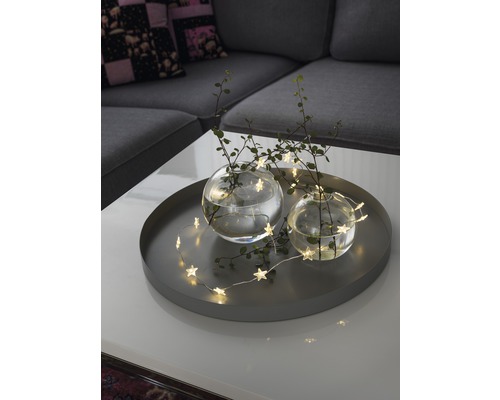 Decoratie met sterrenlichtsnoer, twee glazen vazen en planten op een serveerblad