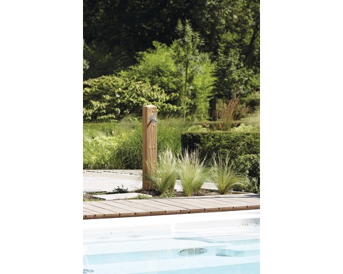 Tuinscene met zwembad, houten terras en buitendouche