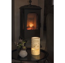 Decoratieve lantaarn met de tekst Merry Christmas, hertmotieven en een open haard op de achtergrond.