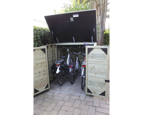 Fietsbox van hout met open deuren en fietsen erin