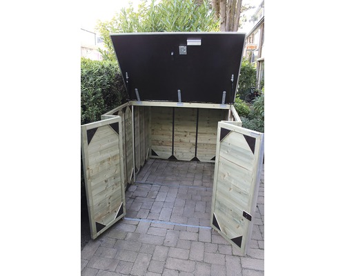 Open houten schuur met twee deuren en een deksel