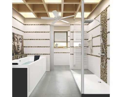 Lichte badkamer met bad, douche en plafondventilator