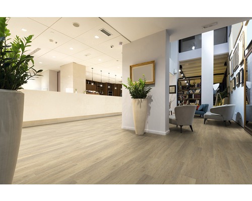 Lichte ruimte met houtlook vloerbedekking, receptie en zithoek