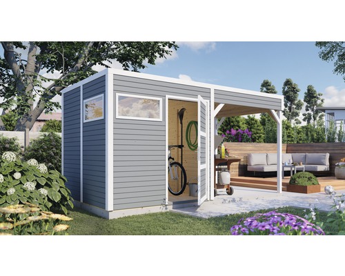 BERTILO Tuinhuis Cubo 2 lounge incl. vloer en overkapping grijs, 447x234 cm Tuinscene met gereedschapsschuur, tuingereedschap, barbecue en zithoek op terras