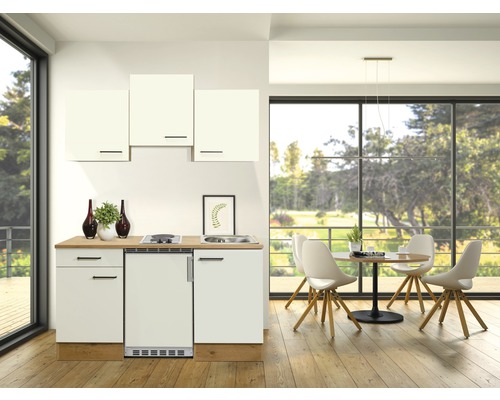FLEX WELL Minikeuken met apparatuur Vintea magnolia mat 150,5x60 cm Keukenblok met bovenkasten, gootsteen, kookplaat en eettafelgroep in een lichte ruimte
