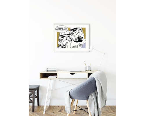 Decoratieve afbeelding van Star Wars Stormtroopers met tekstballon boven een bureau