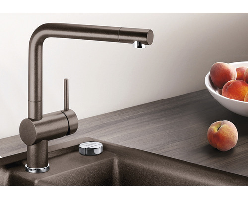 Keukenkraan met hoge uitloop naast een gootsteen en een bord met perziken