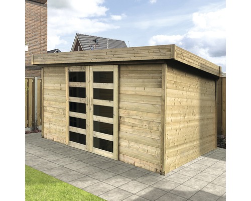 Houten tuinhuis met schuifdeuren en plat dak