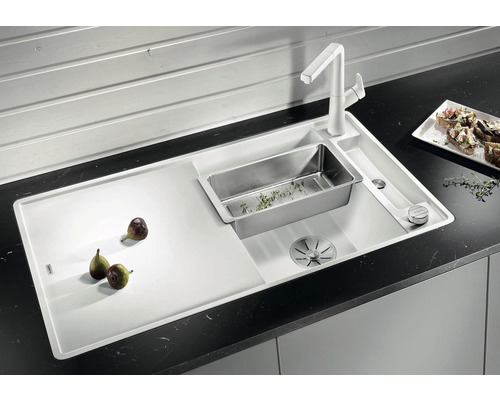 Spoelbak met afdruiprek, snijplank, roestvrijstalen bak en kraan