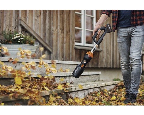 Persoon verwijdert bladeren met een draadloze bladblazer van een trap voor een huis.