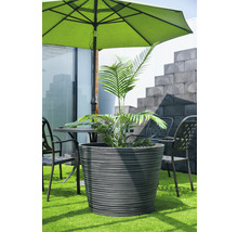Scene met plant in grote plantenbak, tuintafel, stoelen en parasol