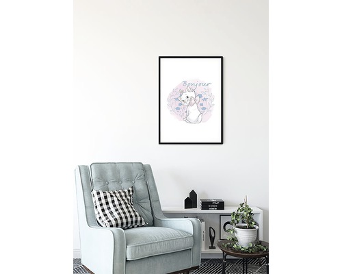Decoratieve wanddecoratie met kattenmotief en het opschrift Bonjour in de woonkamer
