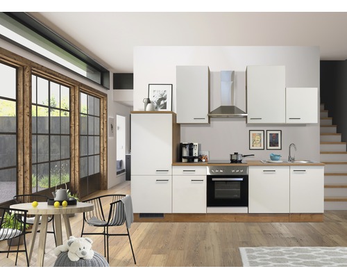 FLEX WELL Keukenblok met apparatuur Vintea magnolia mat 280x60 cm Moderne keuken met witte kasten, afzuigkap en eettafel