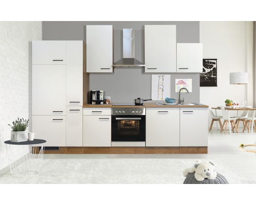 FLEX WELL Keukenblok met apparatuur Vintea magnolia mat 310x60 cm Moderne keuken met witte kasten, roestvrijstalen apparaten en houten werkblad