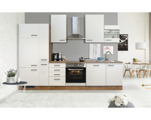 FLEX WELL Keukenblok met apparatuur Vintea magnolia mat 310x60 cm Moderne keuken met witte kasten, houten werkblad en zwarte handgrepen